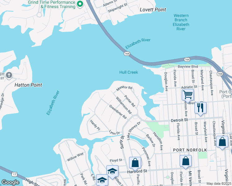 map of restaurants, bars, coffee shops, grocery stores, and more near 101 Monitor Road in Portsmouth