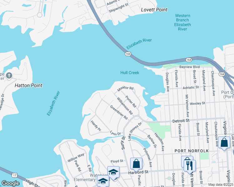 map of restaurants, bars, coffee shops, grocery stores, and more near 101 Monitor Road in Portsmouth