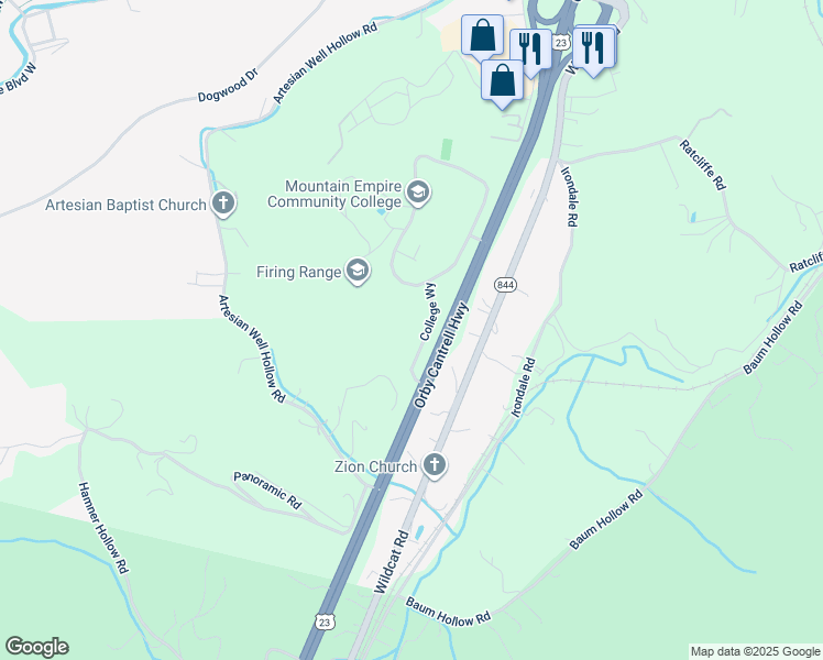 map of restaurants, bars, coffee shops, grocery stores, and more near 3447 Mountain Empire Road in Big Stone Gap