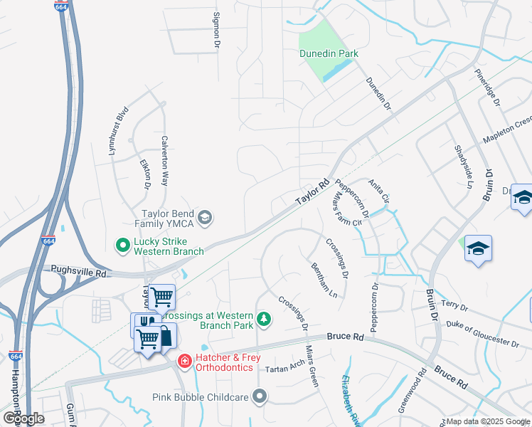 map of restaurants, bars, coffee shops, grocery stores, and more near 3245 Meadows Way in Chesapeake