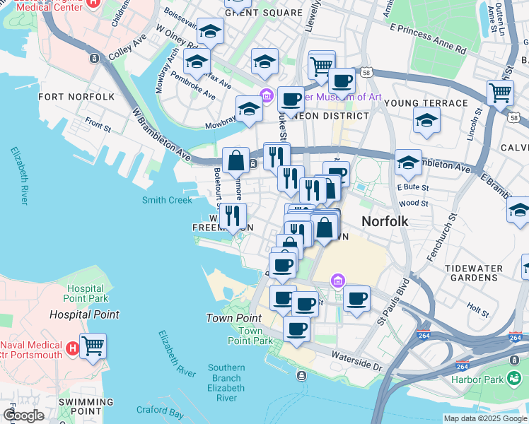 map of restaurants, bars, coffee shops, grocery stores, and more near 227 College Place in Norfolk