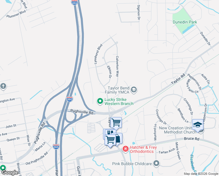 map of restaurants, bars, coffee shops, grocery stores, and more near 3137 Lynnhurst Boulevard in Chesapeake