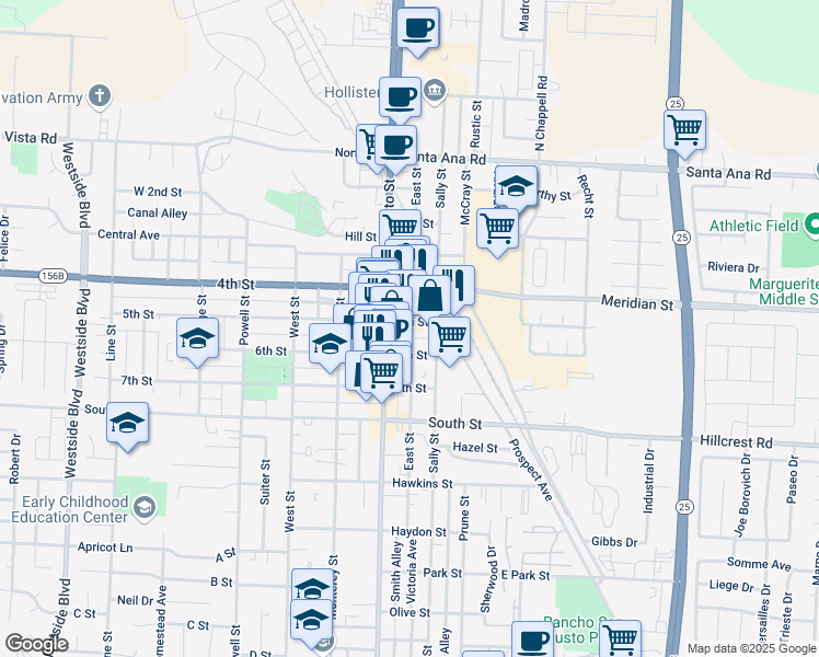map of restaurants, bars, coffee shops, grocery stores, and more near 561 East Street in Hollister