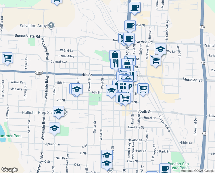 map of restaurants, bars, coffee shops, grocery stores, and more near 488 6th Street in Hollister