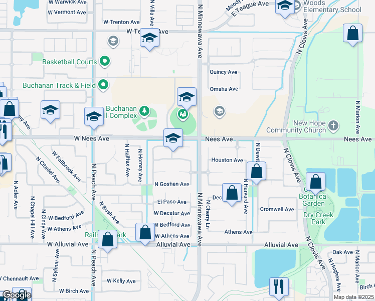 map of restaurants, bars, coffee shops, grocery stores, and more near 36 West Jordan Avenue in Clovis