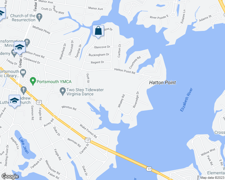 map of restaurants, bars, coffee shops, grocery stores, and more near 3101 Goff Street in Portsmouth