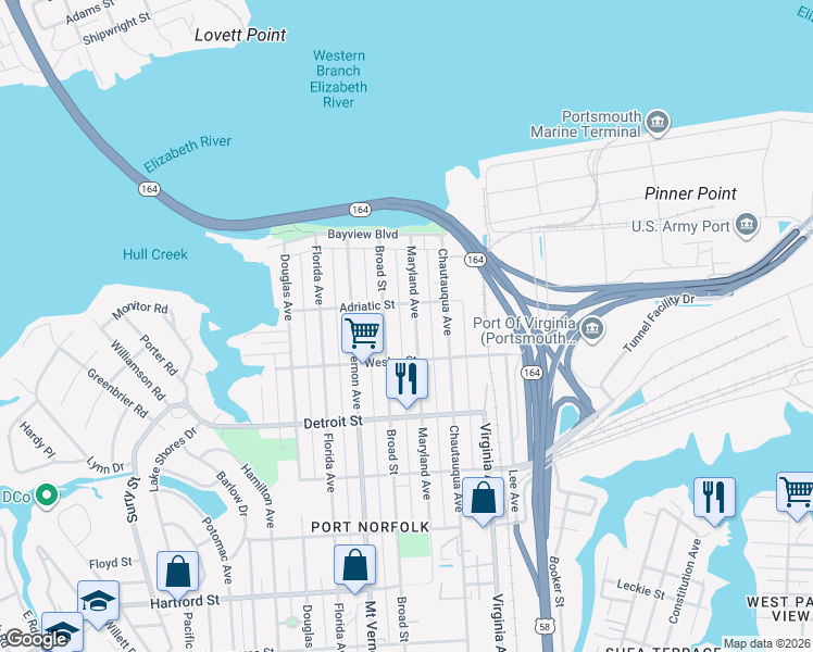 map of restaurants, bars, coffee shops, grocery stores, and more near 251 Broad Street in Portsmouth