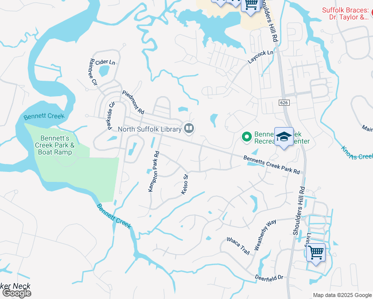 map of restaurants, bars, coffee shops, grocery stores, and more near 3012 Carlisle Court in Suffolk
