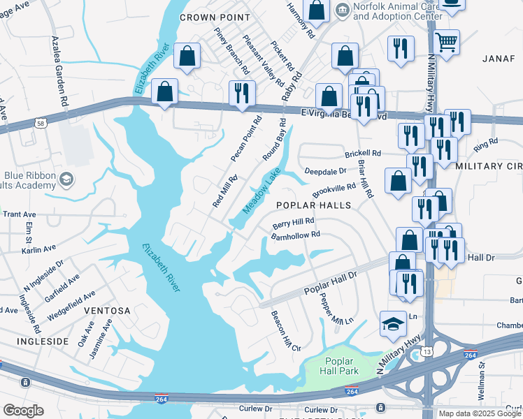 map of restaurants, bars, coffee shops, grocery stores, and more near 5460 Bayberry Drive in Norfolk