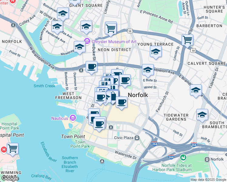 map of restaurants, bars, coffee shops, grocery stores, and more near 401 Monticello Avenue in Norfolk