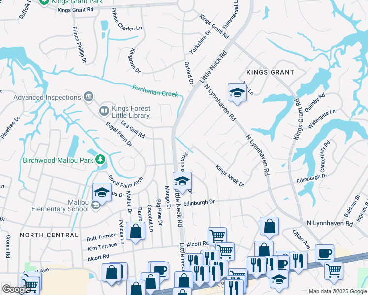 map of restaurants, bars, coffee shops, grocery stores, and more near 3361 King Richard Court in Virginia Beach