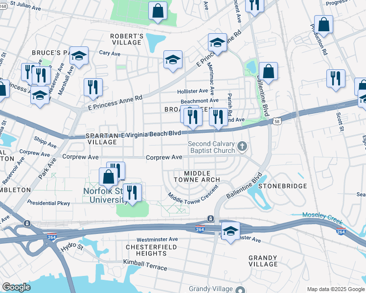 map of restaurants, bars, coffee shops, grocery stores, and more near 2741 Myrtle Avenue in Norfolk