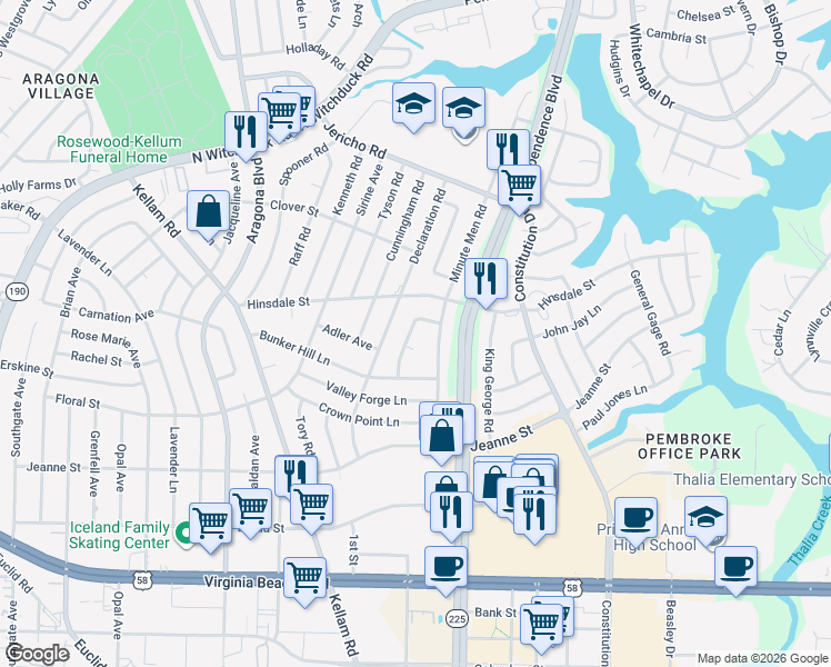map of restaurants, bars, coffee shops, grocery stores, and more near 4612 Jovett Lane in Virginia Beach