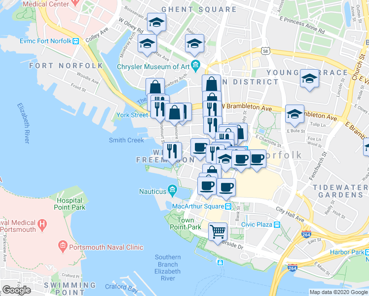 map of restaurants, bars, coffee shops, grocery stores, and more near 300 College Place in Norfolk