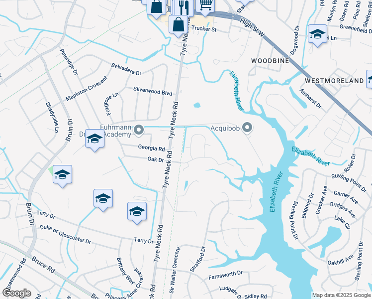 map of restaurants, bars, coffee shops, grocery stores, and more near 3149 Tyre Neck Road in Chesapeake