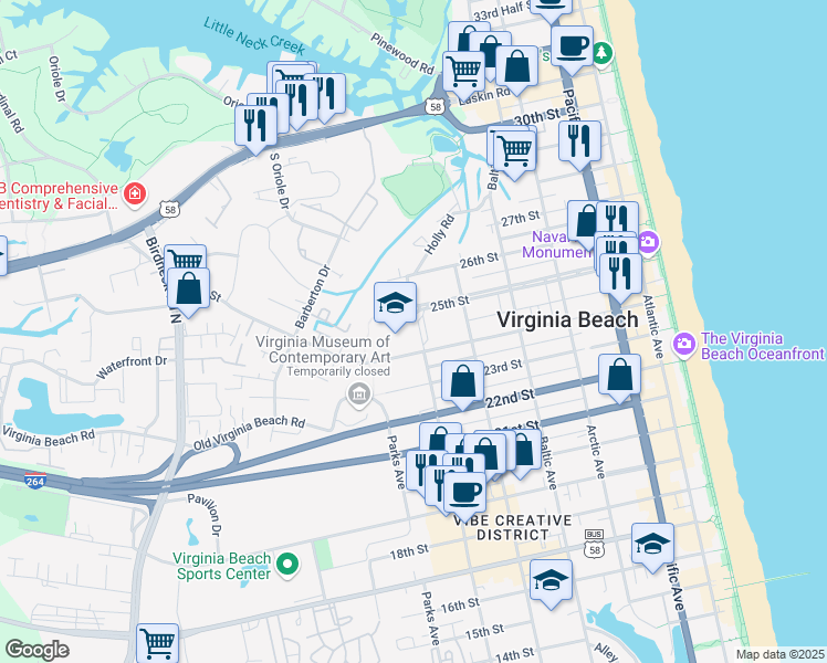 map of restaurants, bars, coffee shops, grocery stores, and more near 600 25th Street in Virginia Beach