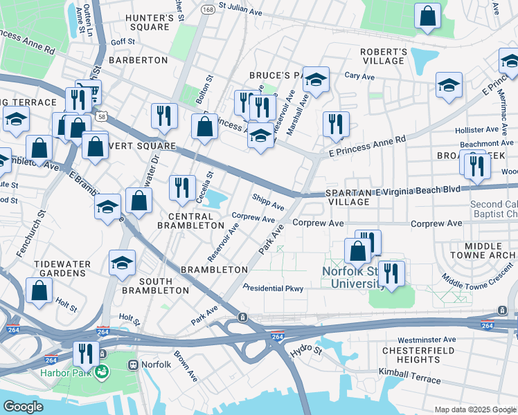 map of restaurants, bars, coffee shops, grocery stores, and more near 943 Marshall Ave in Norfolk
