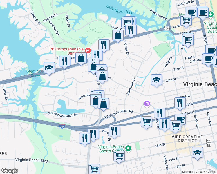 map of restaurants, bars, coffee shops, grocery stores, and more near 504 Elmo Trower Lane in Virginia Beach