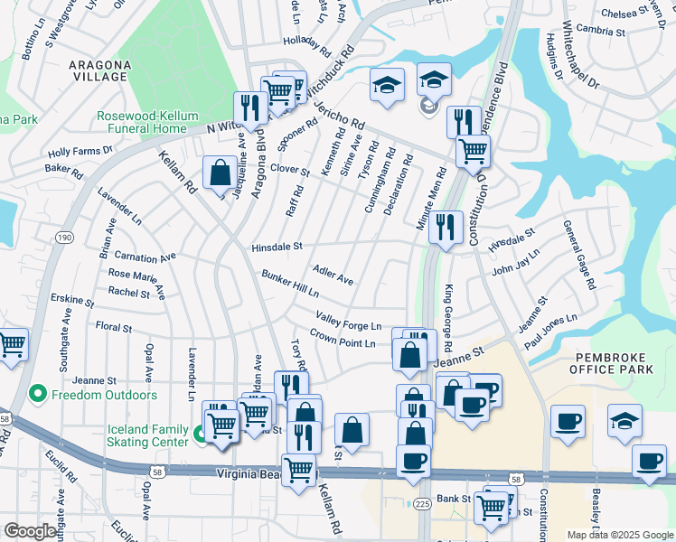map of restaurants, bars, coffee shops, grocery stores, and more near 4725 Hinsdale Street in Virginia Beach