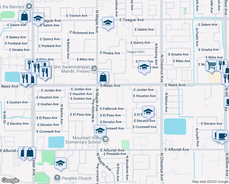 map of restaurants, bars, coffee shops, grocery stores, and more near 7923 North Backer Avenue in Fresno