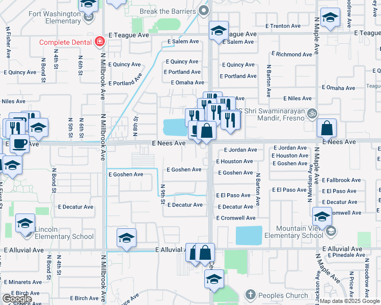 map of restaurants, bars, coffee shops, grocery stores, and more near 1425 East Nees Avenue in Fresno