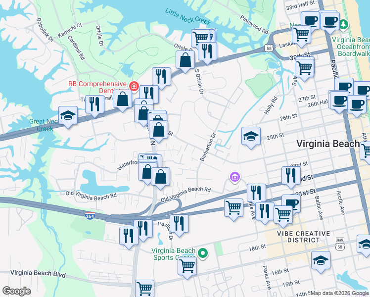 map of restaurants, bars, coffee shops, grocery stores, and more near 909 24th Street in Virginia Beach