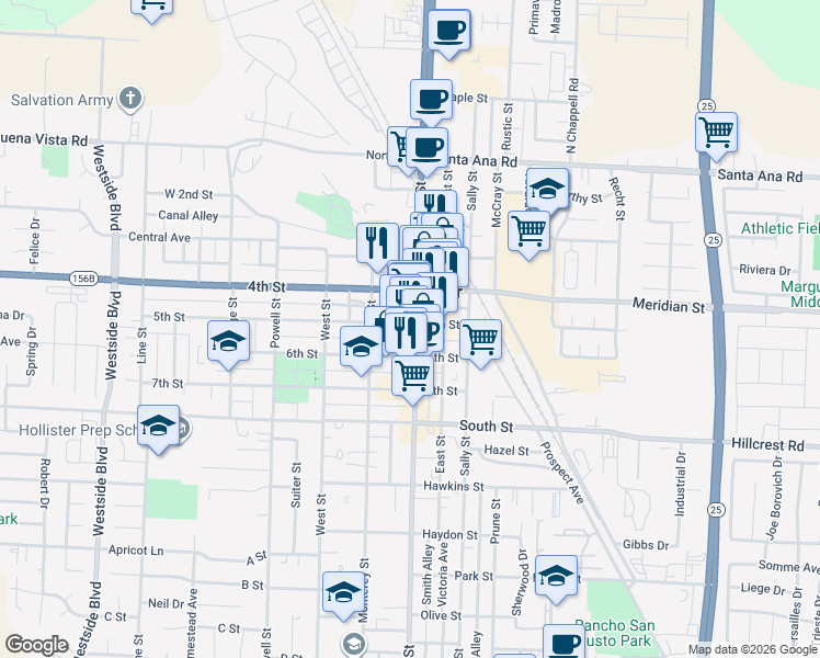 map of restaurants, bars, coffee shops, grocery stores, and more near 430 San Benito Street in Hollister