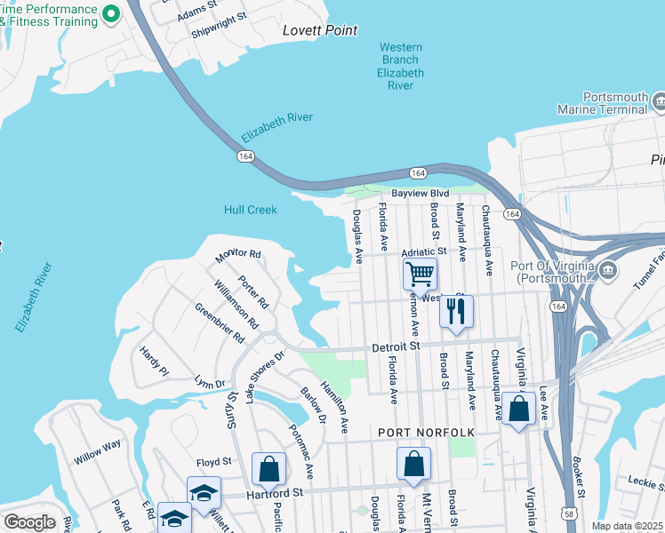 map of restaurants, bars, coffee shops, grocery stores, and more near 123 Rolfe Terrace in Portsmouth
