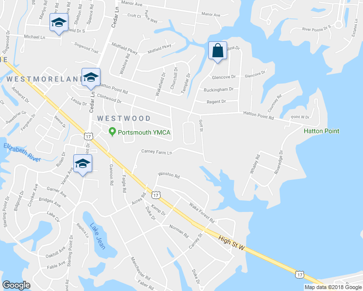 map of restaurants, bars, coffee shops, grocery stores, and more near 45 Wayland Drive in Portsmouth