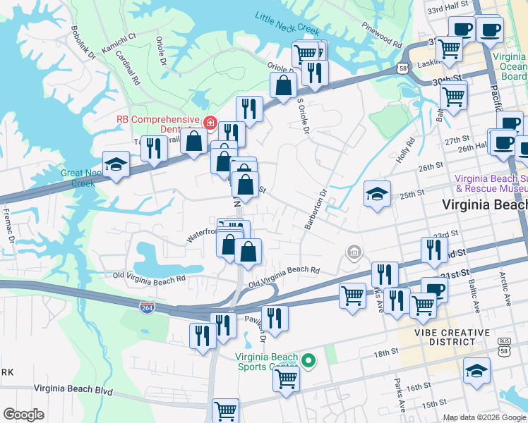 map of restaurants, bars, coffee shops, grocery stores, and more near 1001 24th Street in Virginia Beach