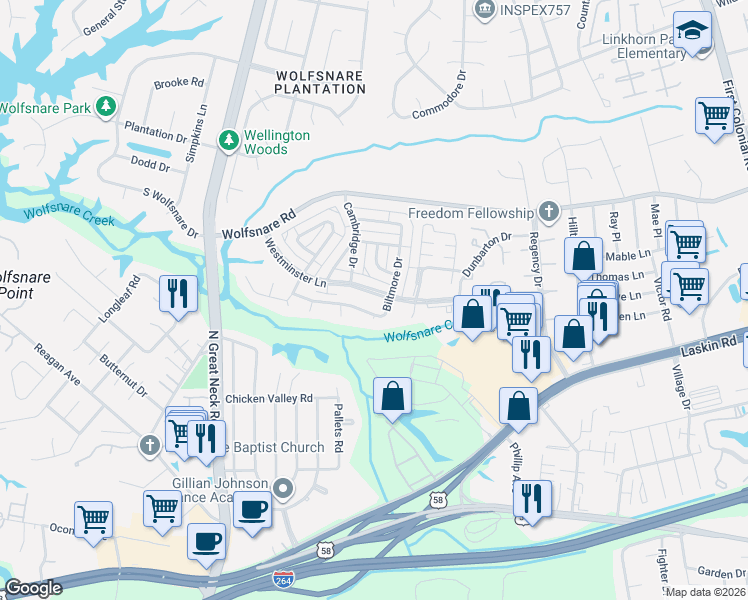 map of restaurants, bars, coffee shops, grocery stores, and more near 707 Tilden Place in Virginia Beach
