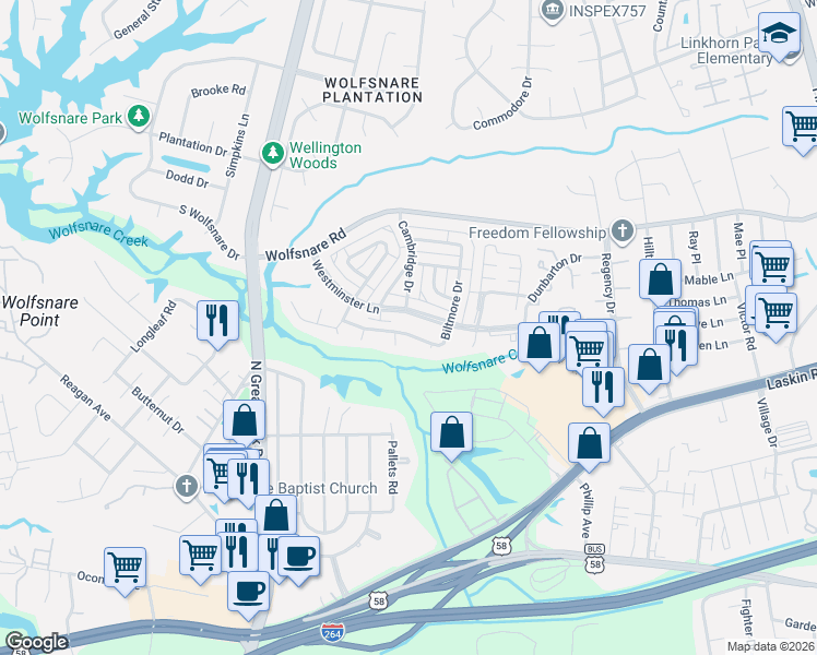 map of restaurants, bars, coffee shops, grocery stores, and more near 770 Westminster Lane in Virginia Beach