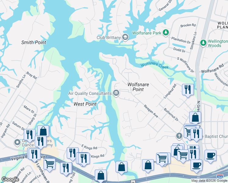 map of restaurants, bars, coffee shops, grocery stores, and more near 2640 Cove Point Place in Virginia Beach