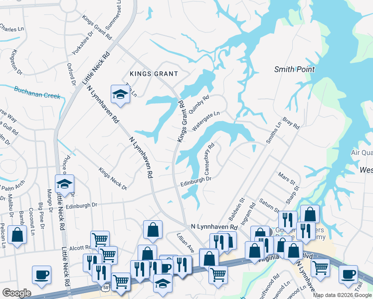 map of restaurants, bars, coffee shops, grocery stores, and more near 533 Kings Grant Road in Virginia Beach