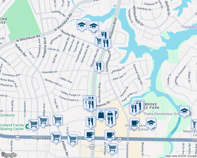 map of restaurants, bars, coffee shops, grocery stores, and more near 600 Hinsdale Street in Virginia Beach