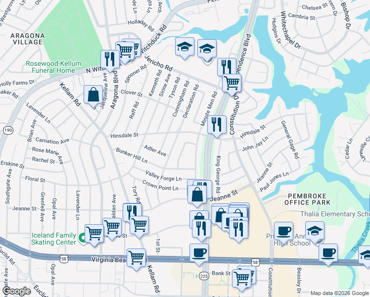 map of restaurants, bars, coffee shops, grocery stores, and more near 4612 Jovett Lane in Virginia Beach
