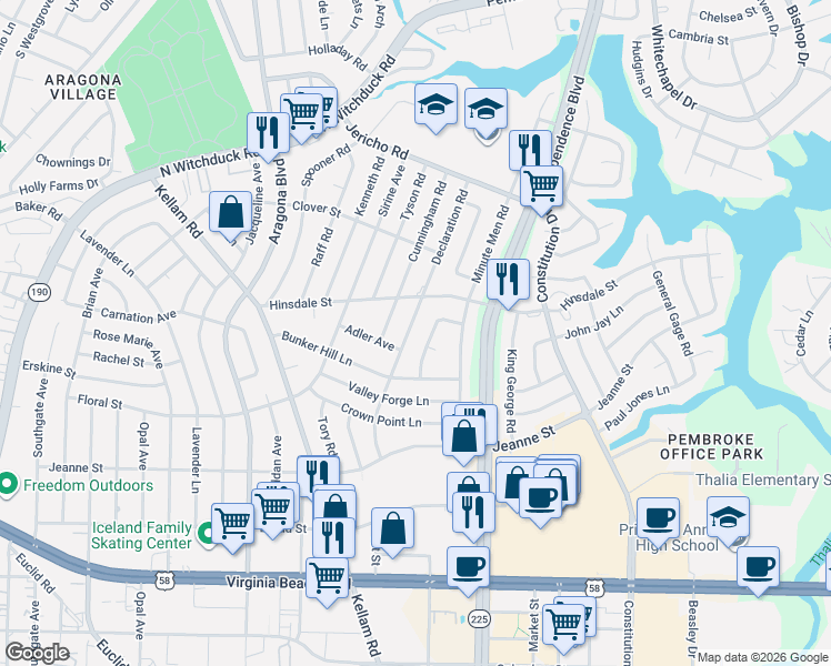 map of restaurants, bars, coffee shops, grocery stores, and more near 532 Cunningham Road in Virginia Beach