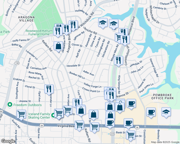 map of restaurants, bars, coffee shops, grocery stores, and more near 4725 Hinsdale Street in Virginia Beach