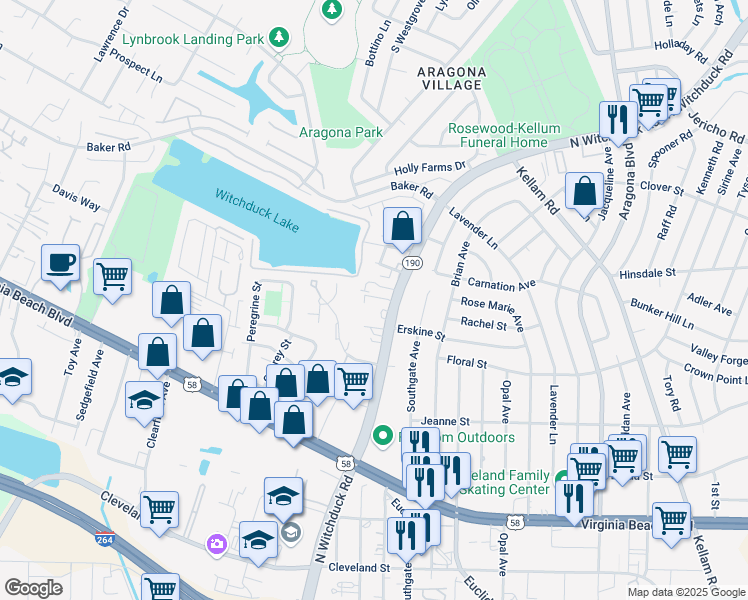 map of restaurants, bars, coffee shops, grocery stores, and more near 5108 Whitaker Place in Virginia Beach