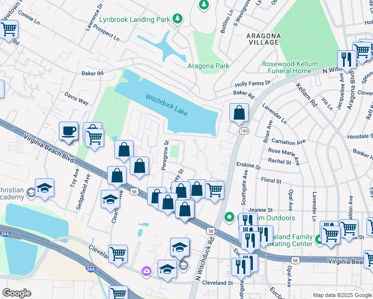 map of restaurants, bars, coffee shops, grocery stores, and more near 528 Peregrine Street in Virginia Beach