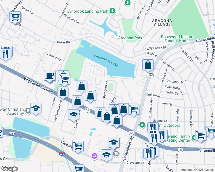 map of restaurants, bars, coffee shops, grocery stores, and more near 466 Peregrine Street in Virginia Beach