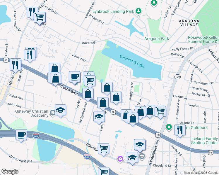 map of restaurants, bars, coffee shops, grocery stores, and more near 5329 Grand Lake Crescent in Virginia Beach