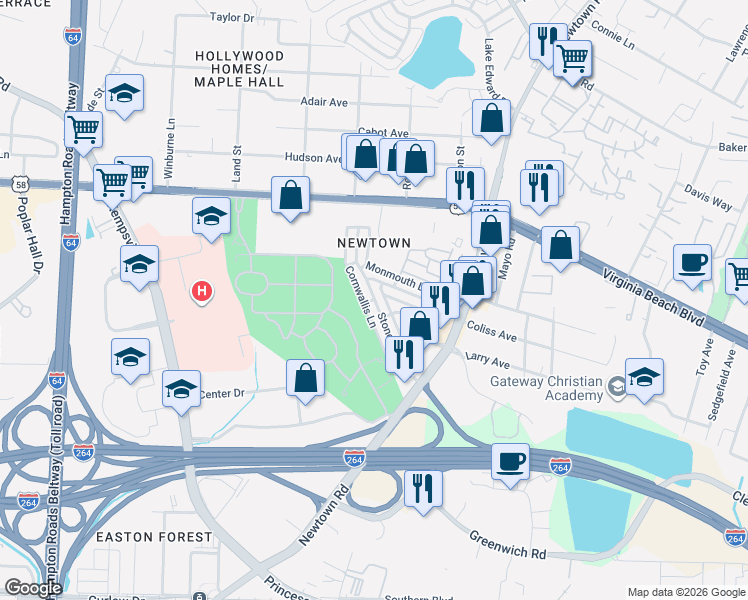map of restaurants, bars, coffee shops, grocery stores, and more near 6582 Stoney Point North in Norfolk