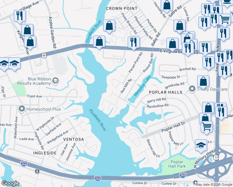 map of restaurants, bars, coffee shops, grocery stores, and more near 5215 Doswell Street in Norfolk