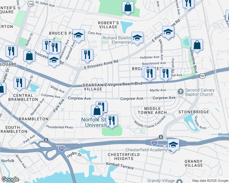 map of restaurants, bars, coffee shops, grocery stores, and more near Kenton Avenue in Norfolk