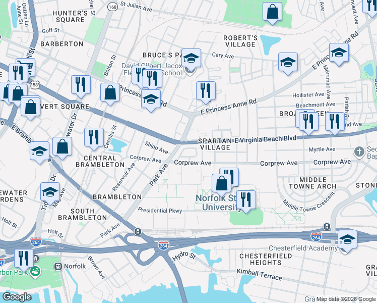 map of restaurants, bars, coffee shops, grocery stores, and more near 1010 Park Avenue in Norfolk