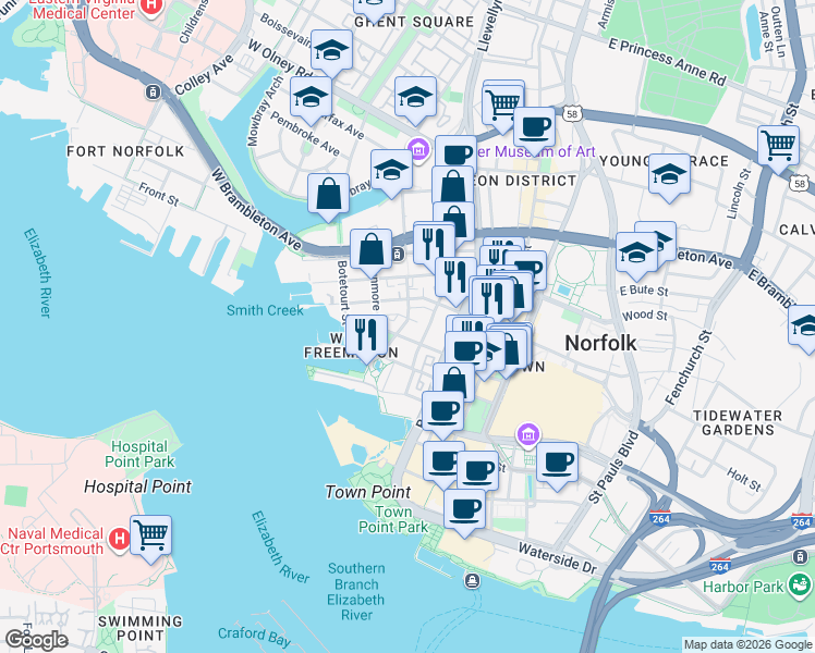map of restaurants, bars, coffee shops, grocery stores, and more near 253 West Freemason Street in Norfolk
