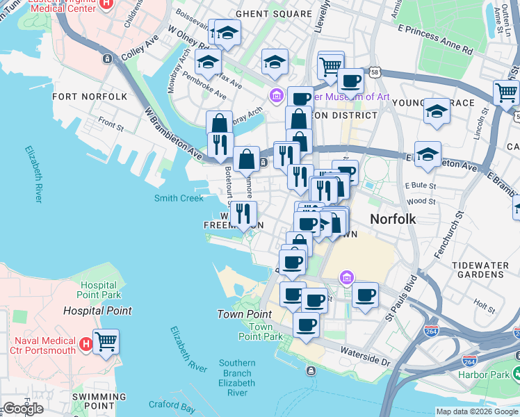 map of restaurants, bars, coffee shops, grocery stores, and more near 327 West Freemason Street in Norfolk