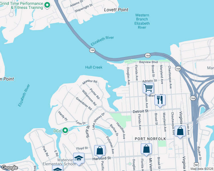 map of restaurants, bars, coffee shops, grocery stores, and more near 3761 Mississippi Avenue in Portsmouth