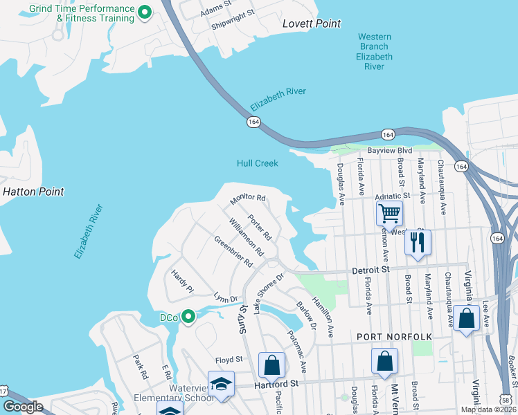 map of restaurants, bars, coffee shops, grocery stores, and more near 138 Monitor Road in Portsmouth